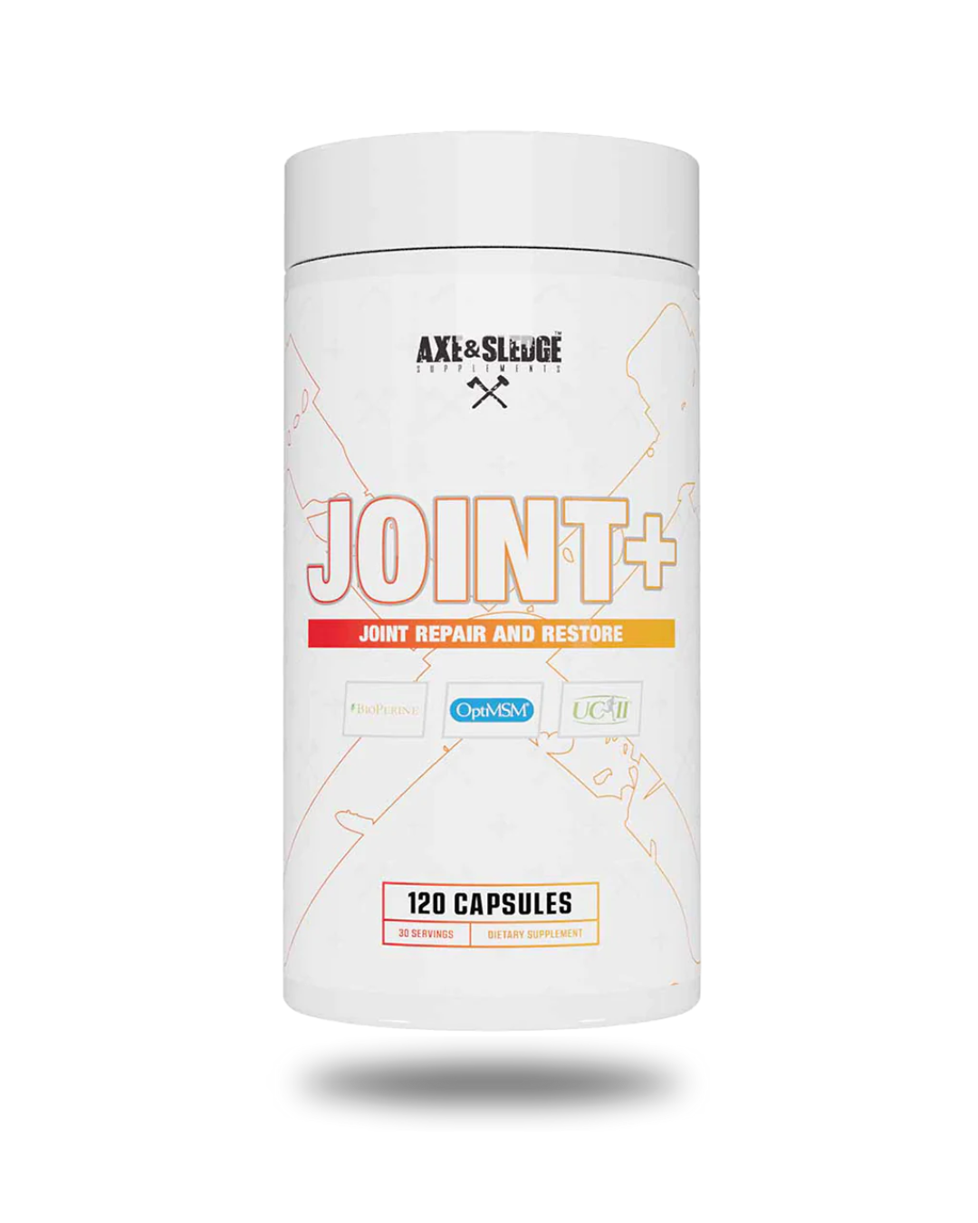 A container of Axe & Sledge Joint+ supplement, which contains 120 capsules for joint repair and restoration.