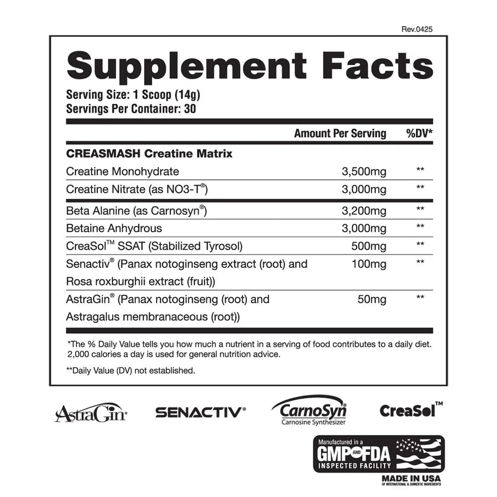 Apollon CreaSmash Premium Creatine Nitrate Strength Formula Powder 30 Servings Supplement Facts - Both | Nutrastop