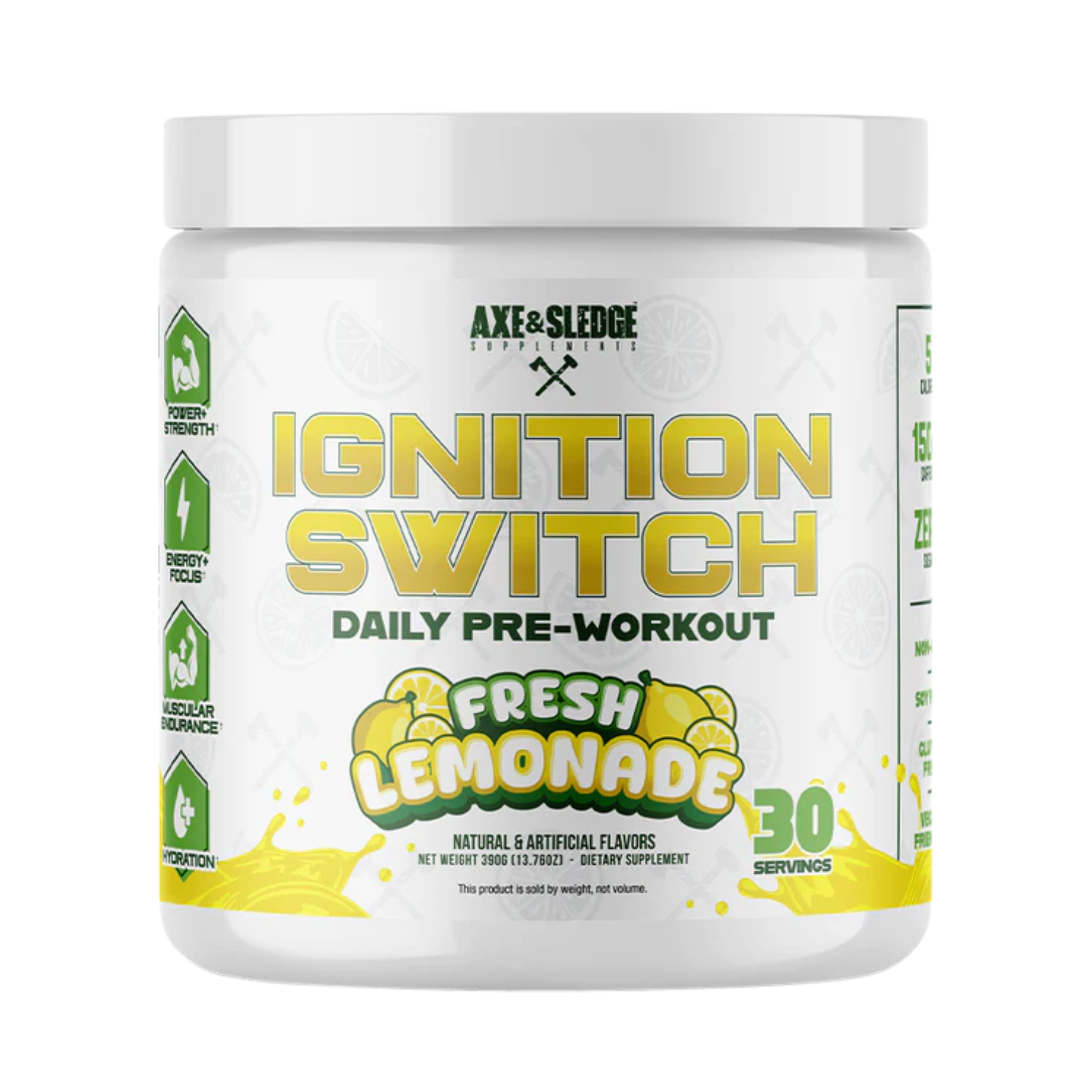 axe and sledge daily preworkout, ignition switch in fresh lemonade flavor\