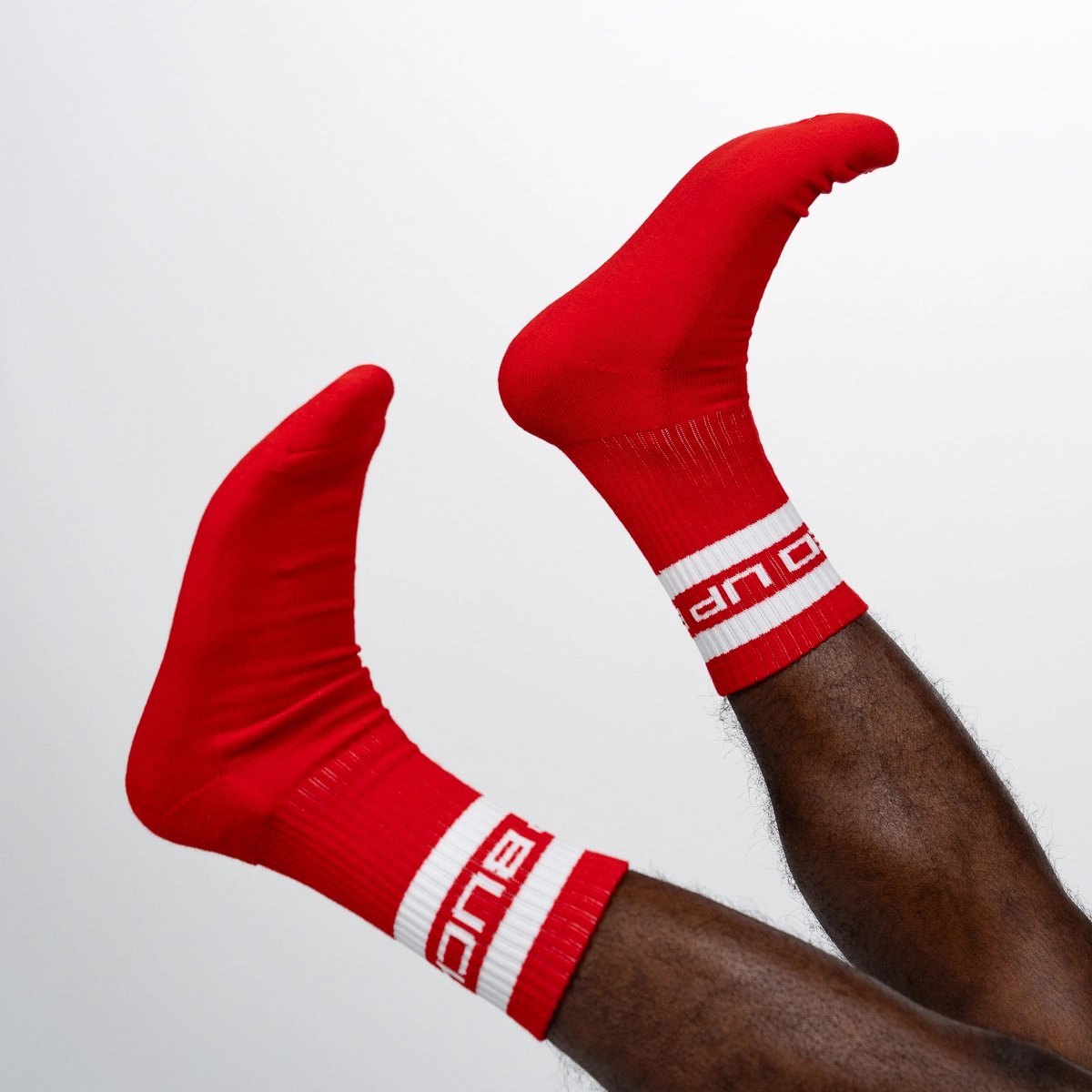 Bucked Up | Crew Socks | 3 Pack Red/White/Black - In Action | Nutrastop