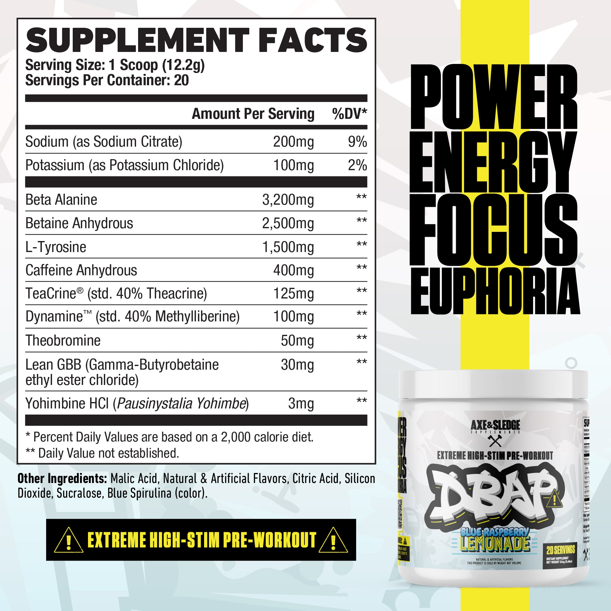 Supplement facts label for a pre-workout supplement with DBAP branding.