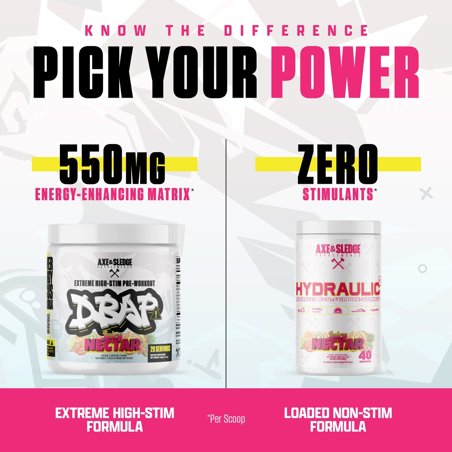 Two supplement containers with text highlighting energy-enhancing and stimulant-free formulas.
